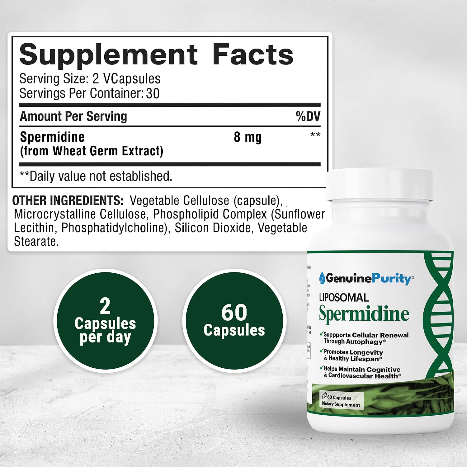 GenuinePurity Espermidina Liposomal 8 mg - 60 Cápsulas - Extracto de Germen de Trigo - Vegano, Sin Gluten, No-GMO