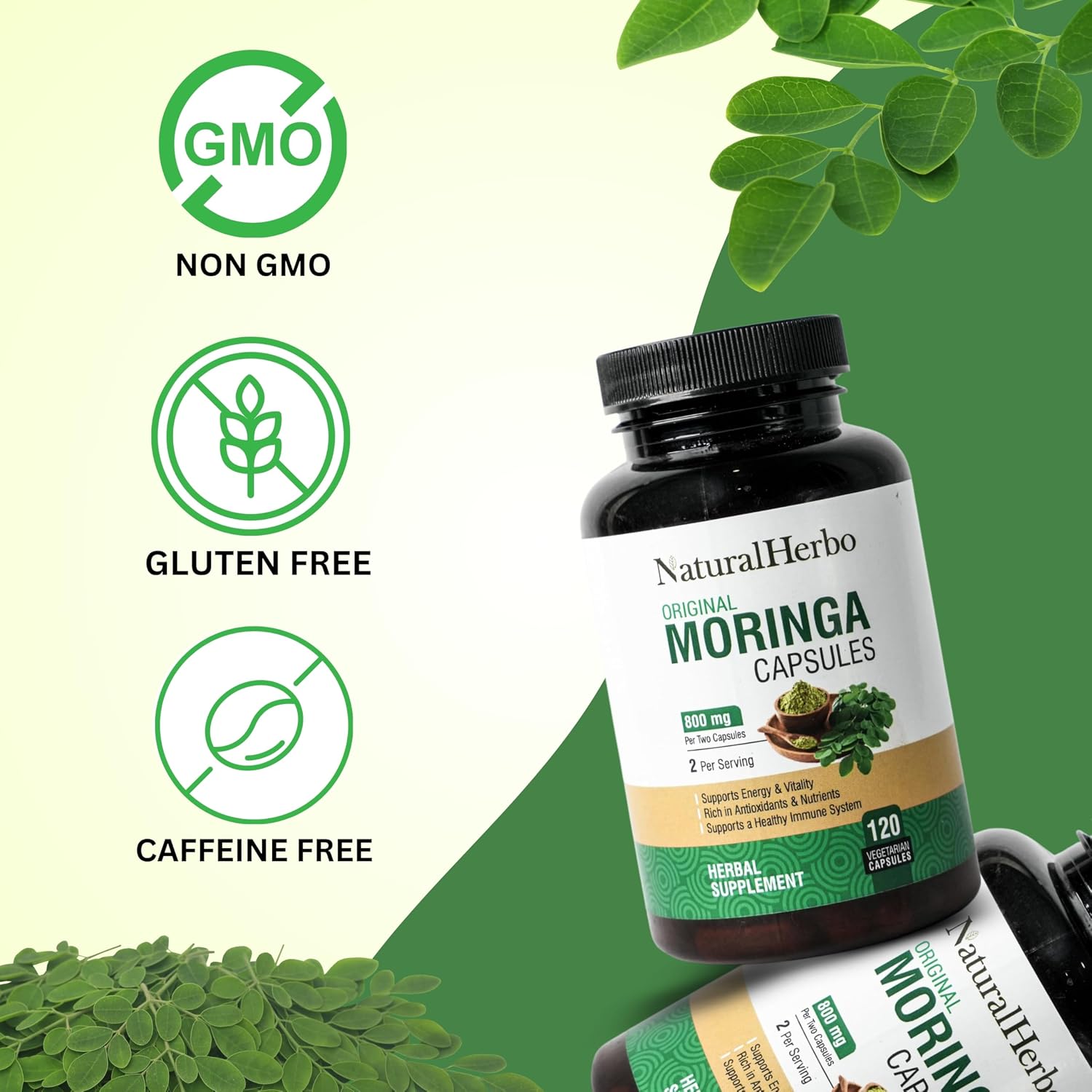 Cápsulas de Moringa Pura - Extracto de Hoja de Moringa para Energía Natural, Digestión y Bienestar Diario | Superfood Verde Vegano | 120 Cápsulas (800mg)