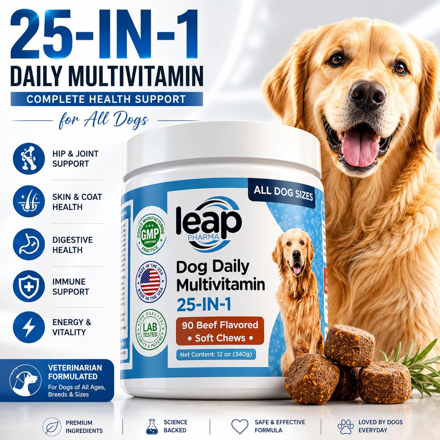 Multivitamínico y Suplemento para Perros con Aceite de Krill, Omega 3,6,9, Pre y Probióticos, Vitaminas Esenciales - Apoyo para Articulaciones, Piel, Pelo, Digestión e Inmunidad (90 Golosinas Blandas)