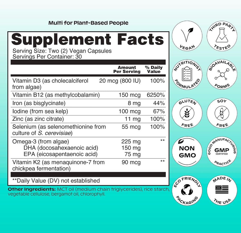 wholier Multi for Plant Based People - Multivitamínico vegano con Omega 3, B12, D3, Hierro, 60 cápsulas