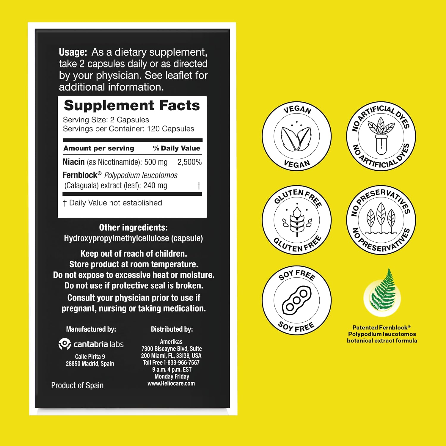 Heliocare Advanced Niacin B3: Fernblock PLE 240mg + Niacina 500mg - 120 Cápsulas Veganas