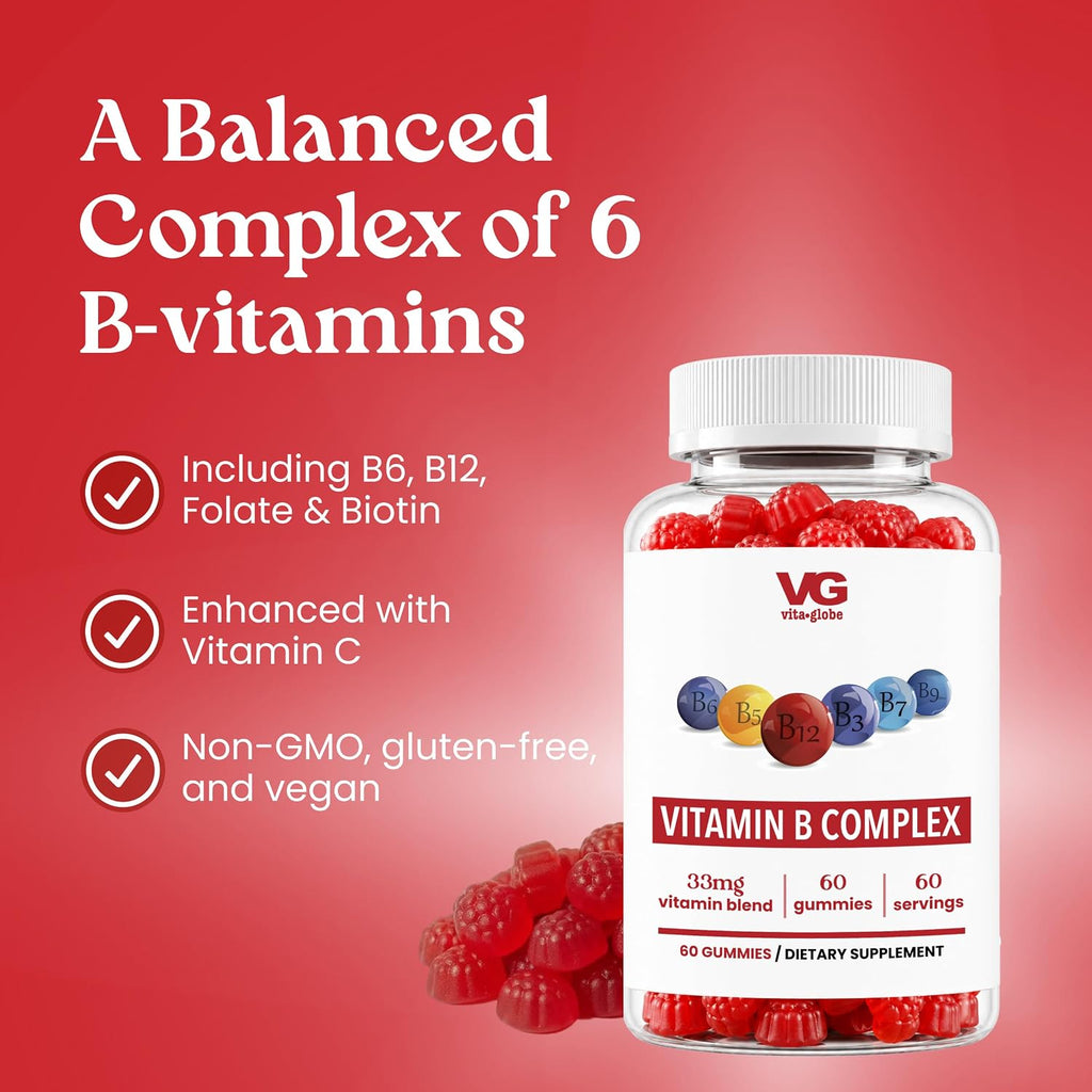 VITA GLOBE Complejo B + Vitamina C Gomitas - Sabor Fresa, 60 uds