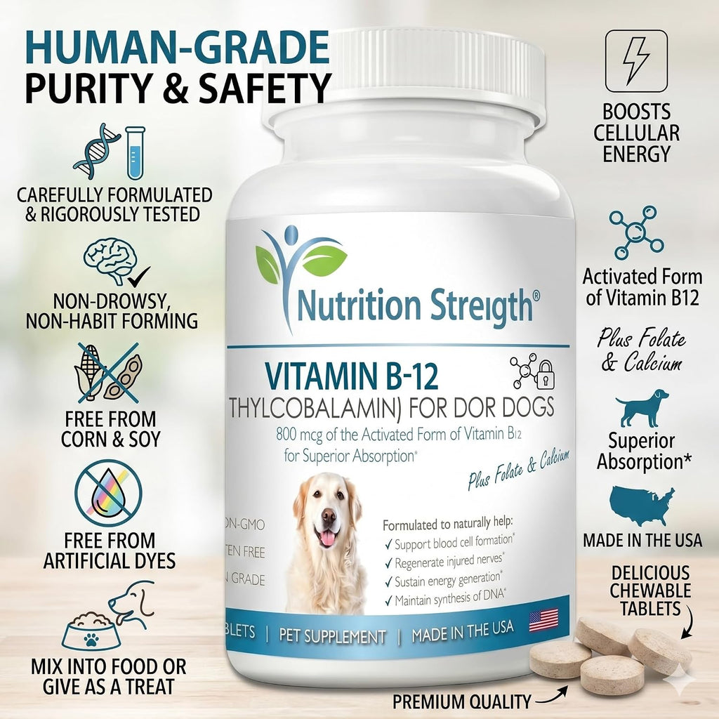 Nutrition Strength Vitamina B12 para Perros con Folato y Calcio - 120 Comprimidos Masticables