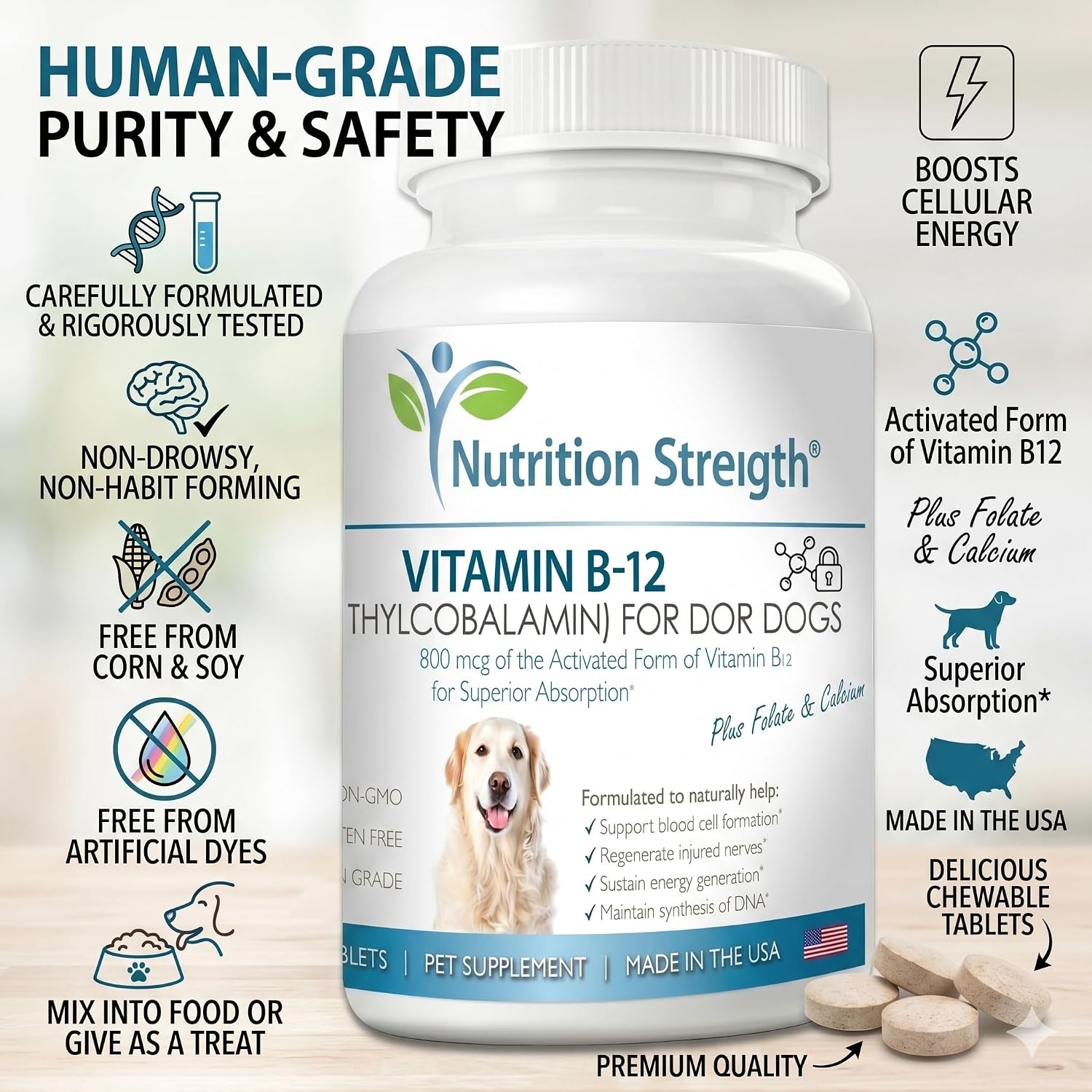 Nutrition Strength Vitamina B12 para Perros con Folato y Calcio - 120 Comprimidos Masticables
