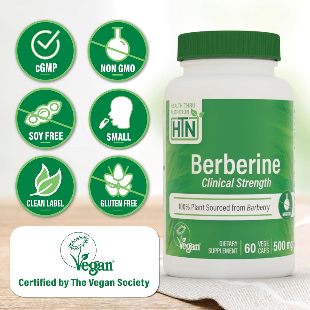 Health Thru Nutrition Berberine HCl 500mg 60 Cápsulas | Suplemento de Alta Potencia | Vegano | Sin OGM | Sin Soja | Probado por Terceros