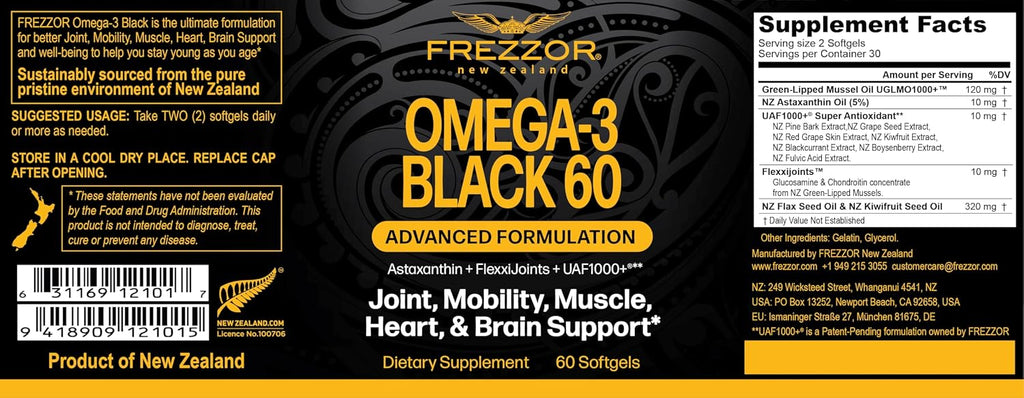 FREZZOR Omega 3 Black - New Zealand Green Lipped Mussel Oil, 60 Softgels