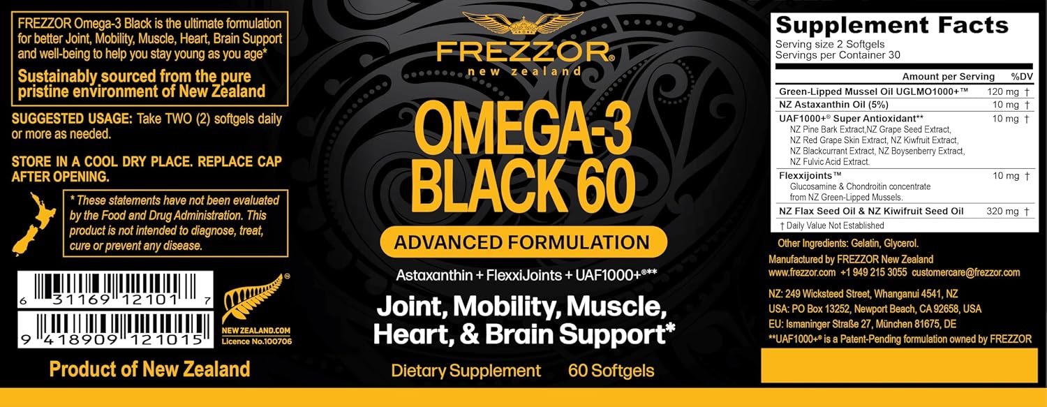 FREZZOR Omega 3 Black - New Zealand Green Lipped Mussel Oil, 60 Softgels