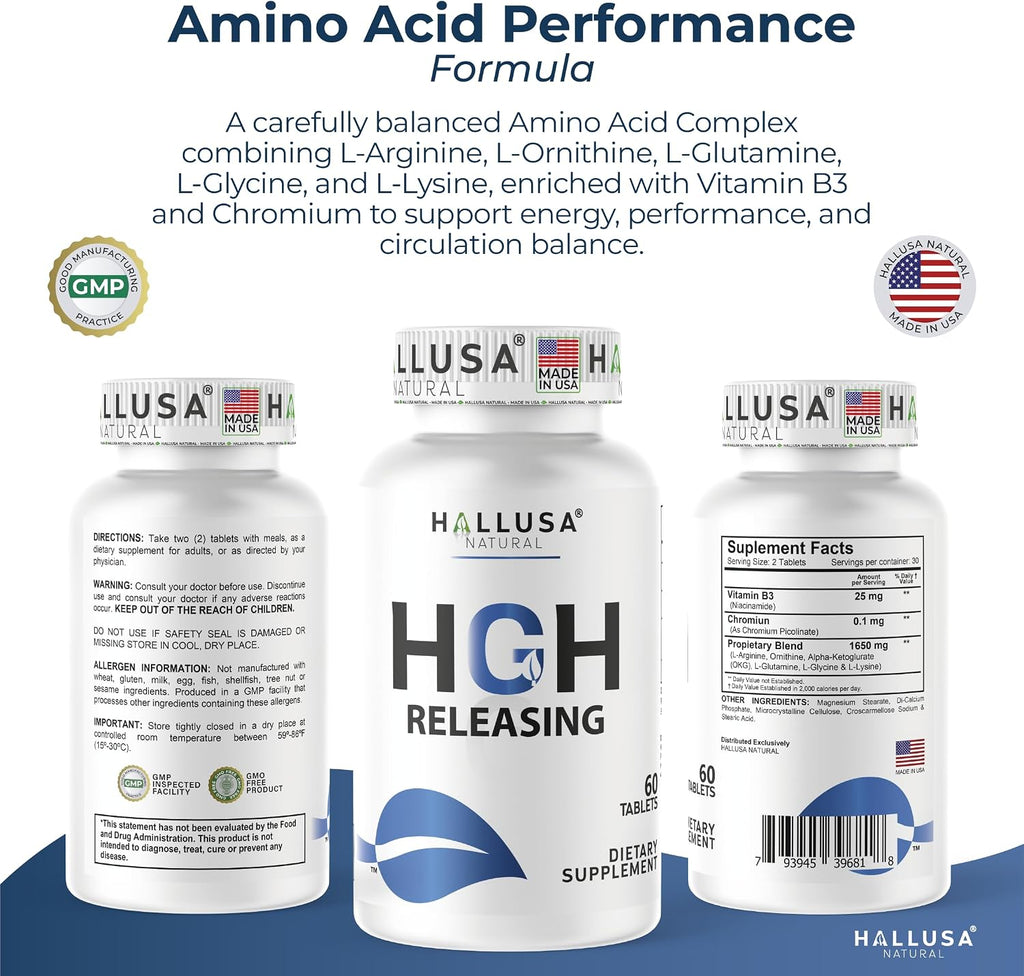 HGH-Releasing Support Supplement with L-Arginine & Ornithine | Nitric Oxide Support for Muscle Recovery, Energy & Performance | Amino Acid Complex with Vitamin B3 & Chromium | 60 Tablets