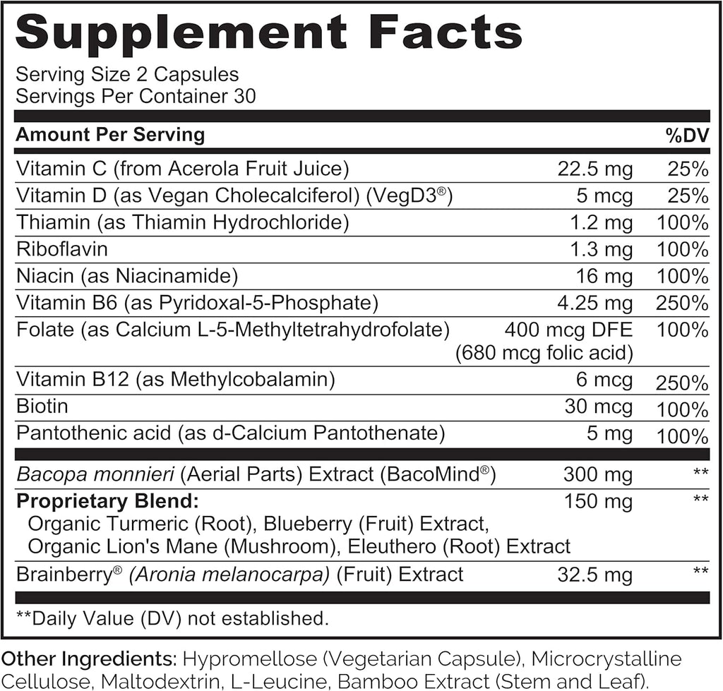 NATURELO Suplemento de Cerebro de Alimentos Integrales - Memoria y Concentración - 60 Cápsulas Vegetales