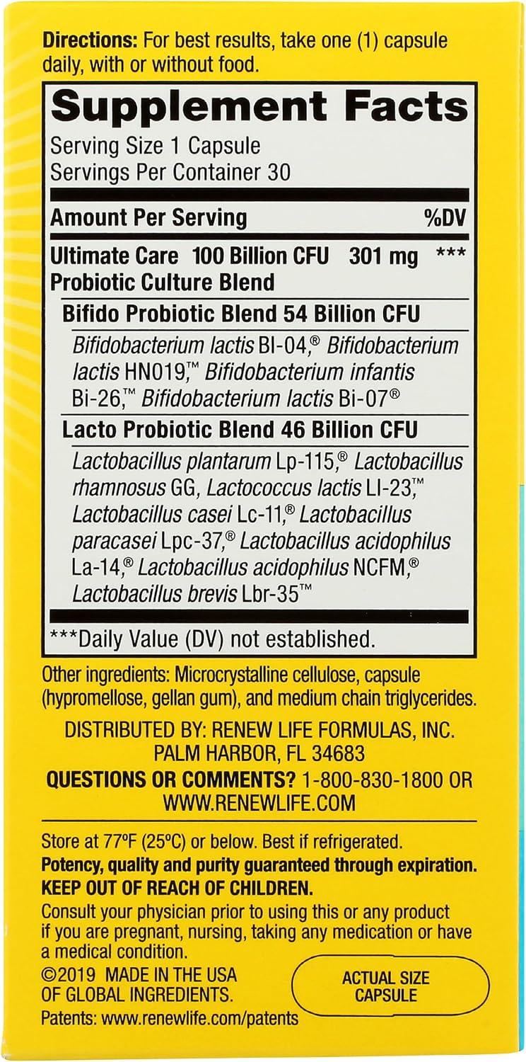 Renew Life Ultimate Flora Care Probiótico 100 Mil Millones, 30 Cápsulas