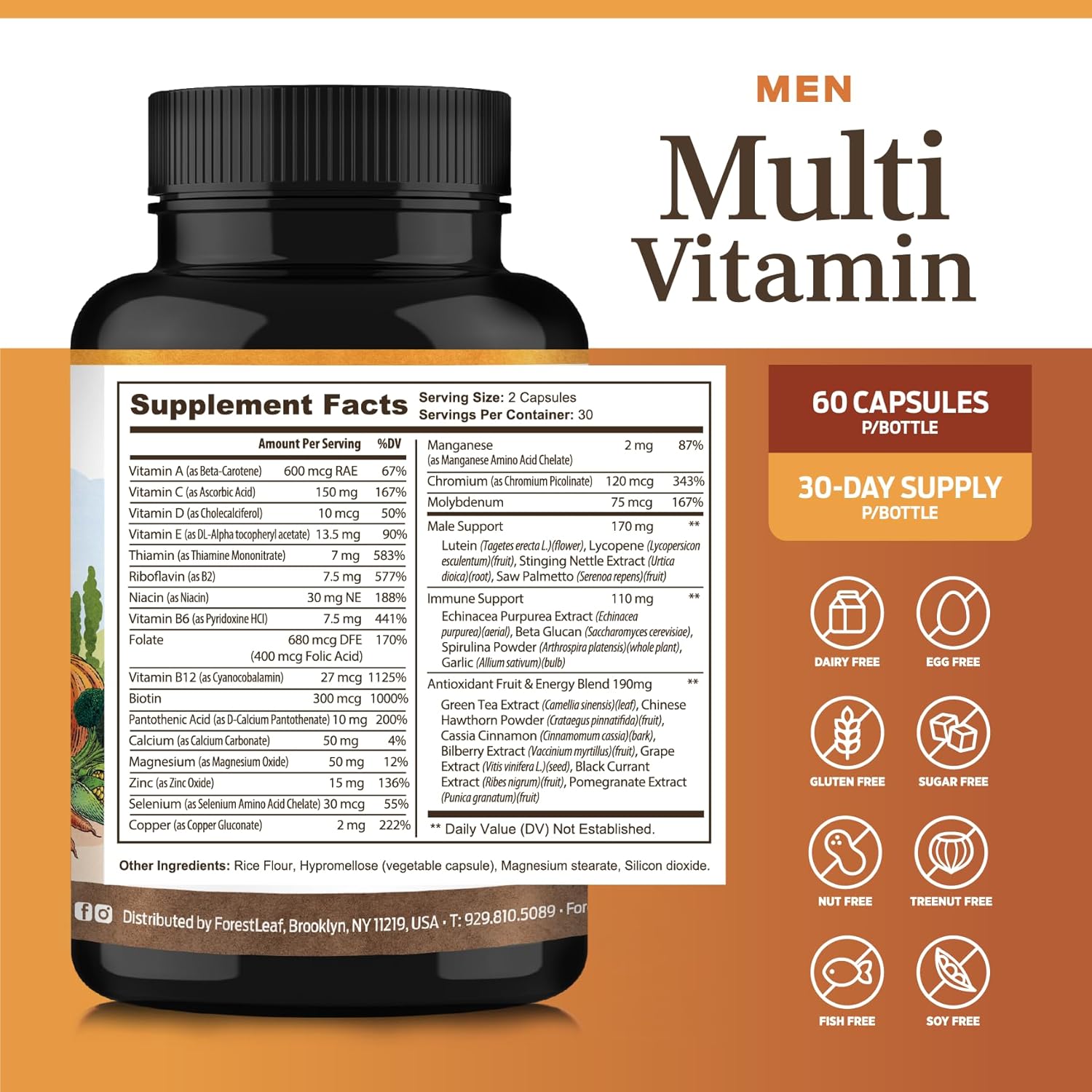 ForestLeaf Daily Vitamin Multivitamin for Men - Multivitamínico Diario para Hombres con Vitaminas y Minerales Esenciales | 60 Cápsulas Veganas
