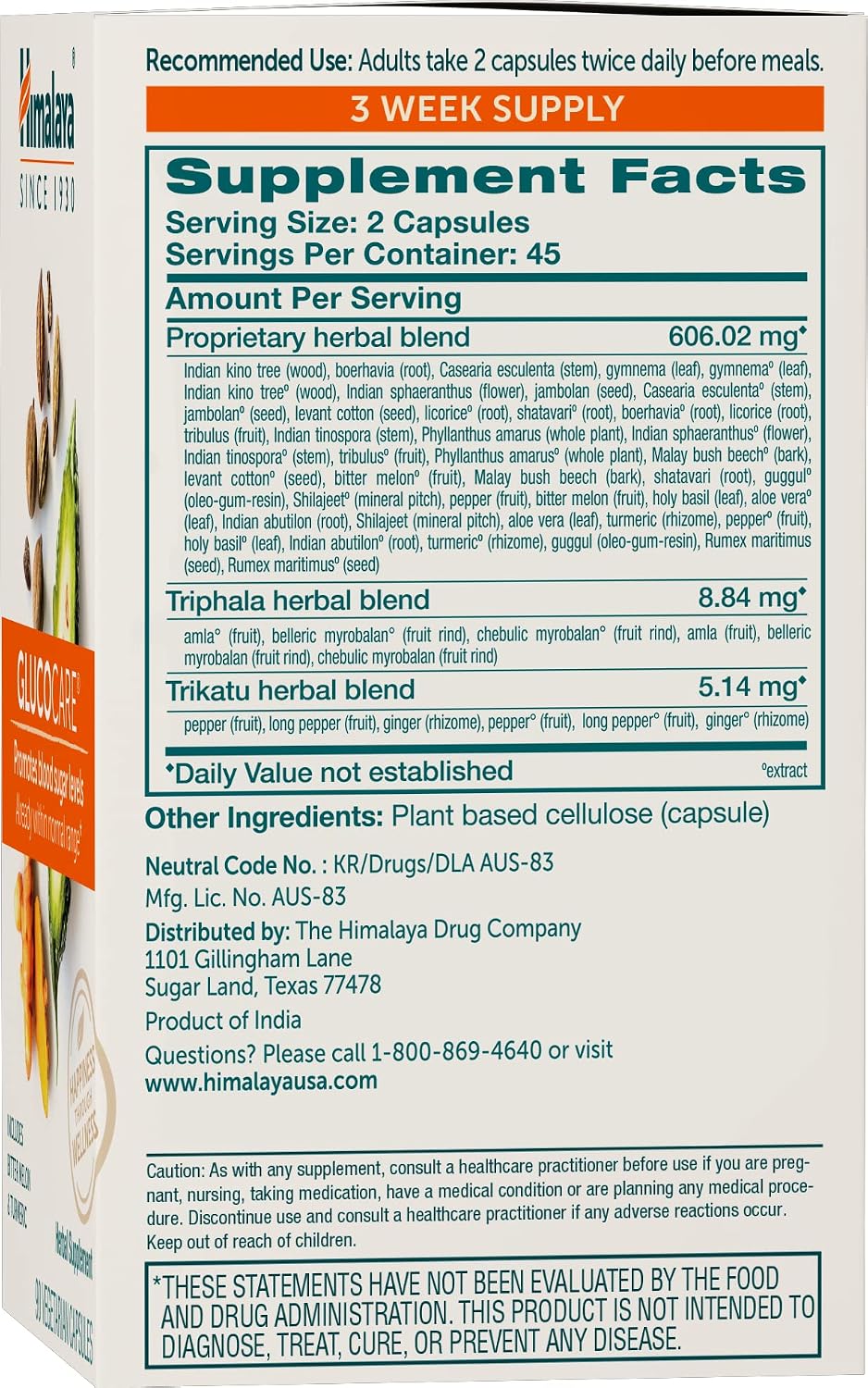 Himalaya GlucoCare – 90 Cápsulas – Apoyo al Metabolismo de la Glucosa
