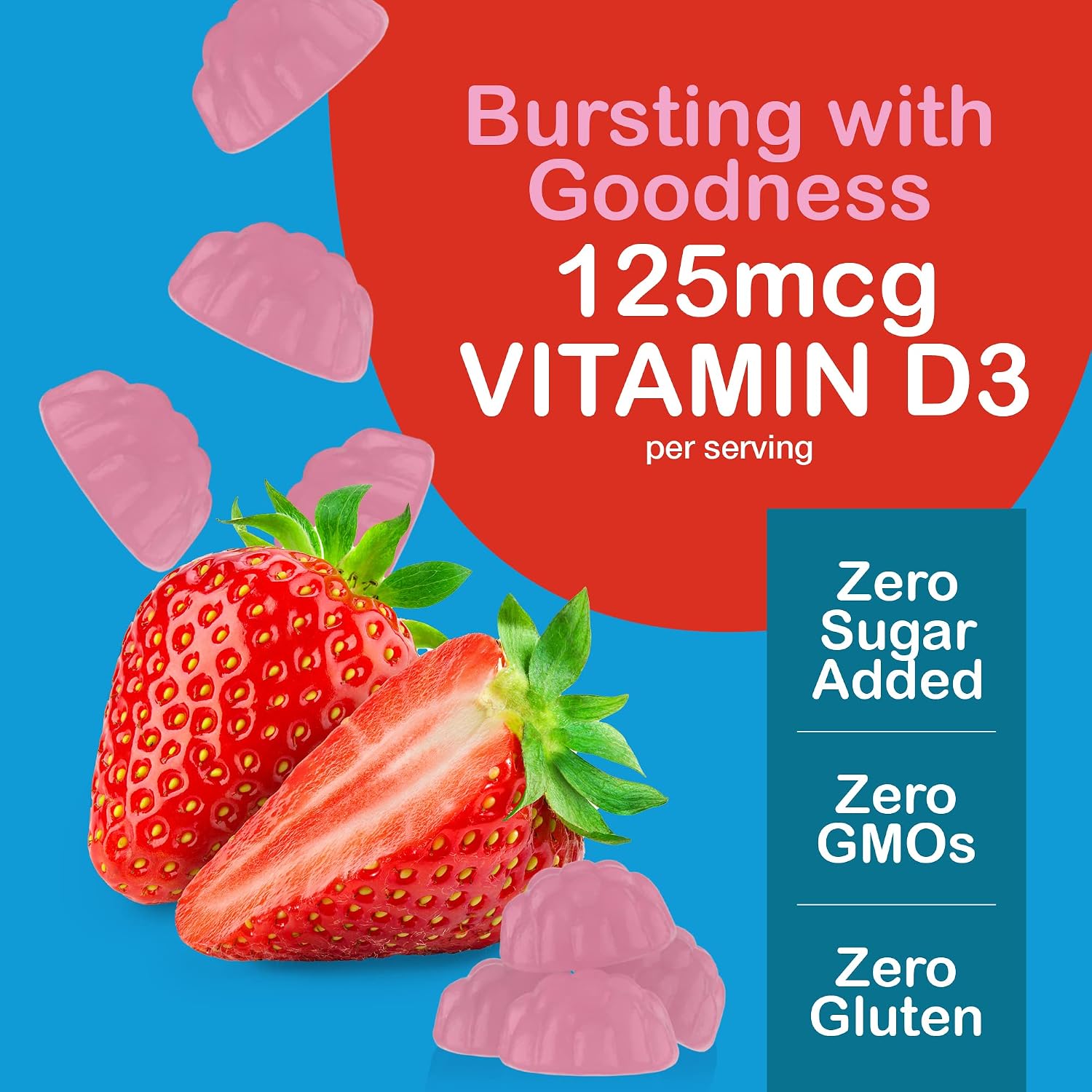Yum-Vs Gominolas de Vitamina D3 Sin Azúcar - 125 mcg (5000 UI) - 60 Gominolas Vegetarianas