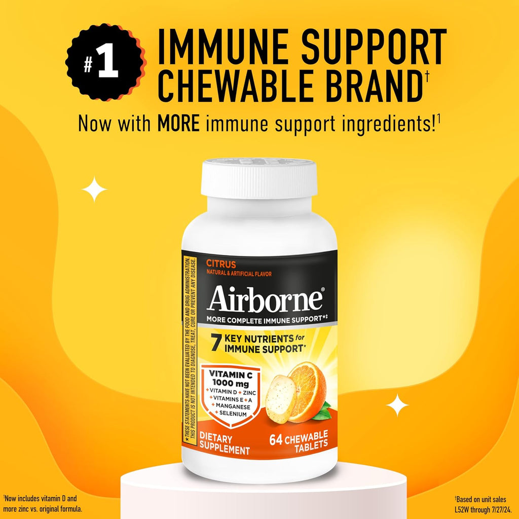 Airborne Chewable Vitamin C Tablets 1000 mg, 64 Count - Citrus Flavor