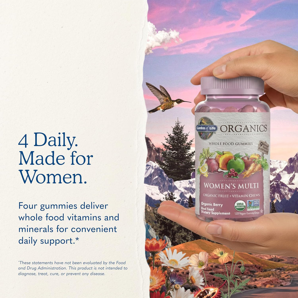 Garden of Life Organics Women's Gummies - Multivitamínico para mujeres con Metil B12, C y D3, Orgánico, Vegano, Sabor Bayas, 120 gomitas