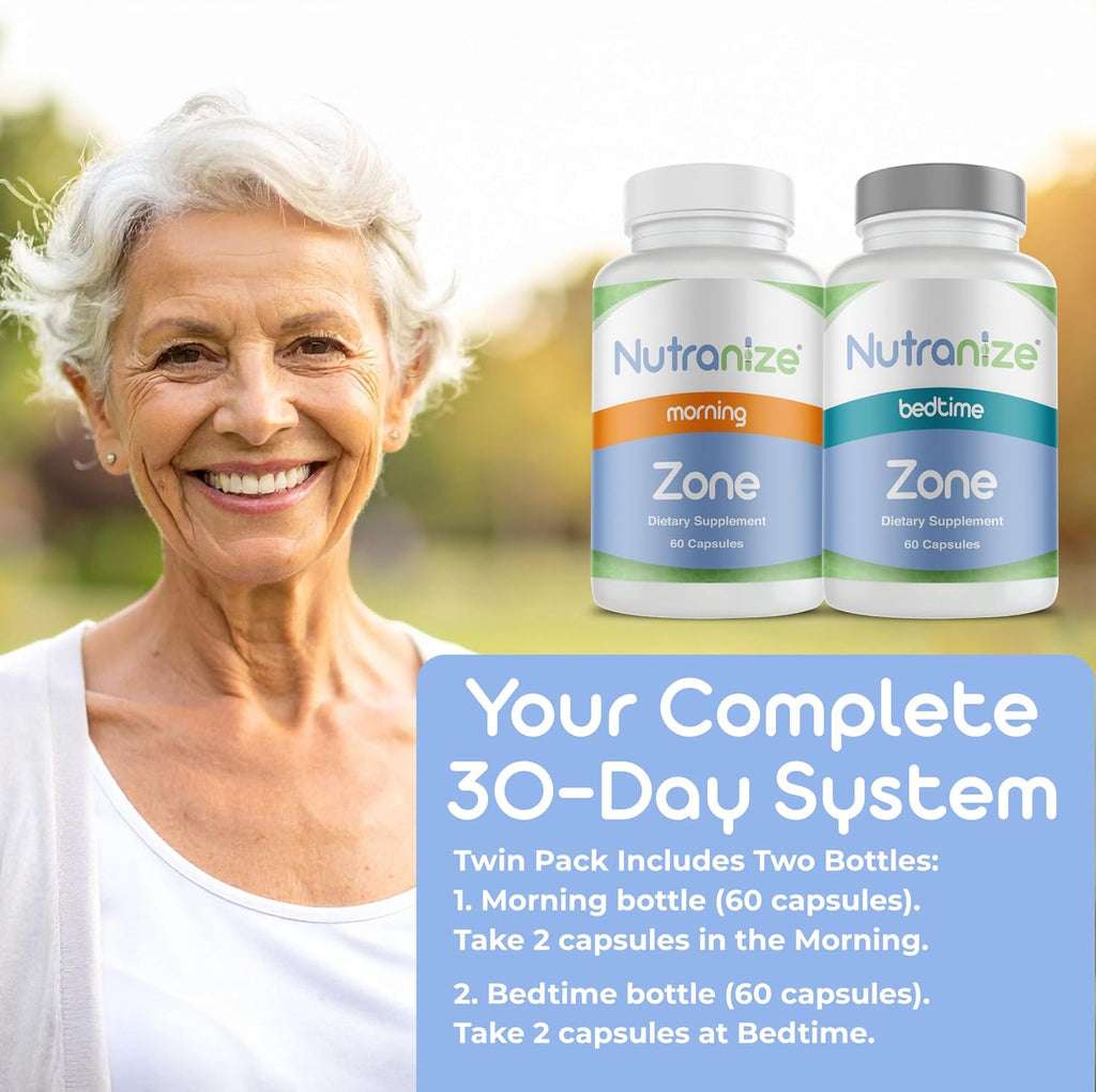 Nutranize Zone Sistema Twin-Pack - Cápsulas Matutinas y Nocturnas con Magnesio, Vitamina D3, K2 MK7, Metilfolato, Cromo y Melatonina - 30 Días (120 Cápsulas)