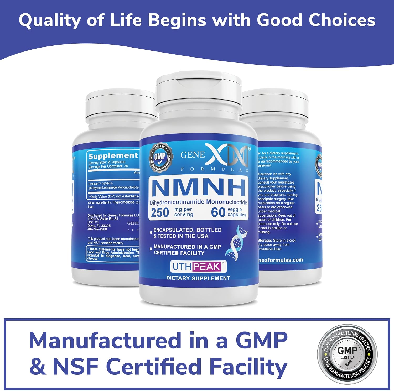 Genex Formulas 250mg NMNH (60 Capsules - 30 Servings) | Uthpeak™ NMNH (Dihydronicotinamide Mononucleotide) NAD+ Precursor for Healthy Aging - Non-GMO, Gluten-Free, Vegetarian