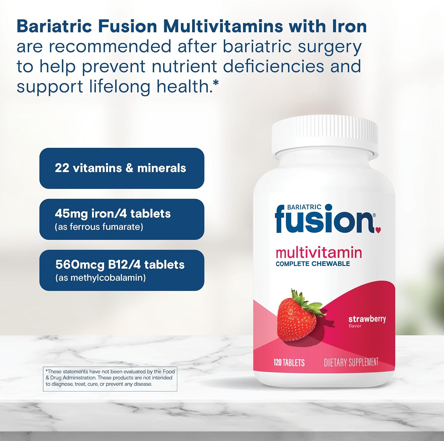 Bariatric Fusion Multivitamínico Bariátrico con Hierro Completo Masticable - Sabor Fresa - 120 Comprimidos