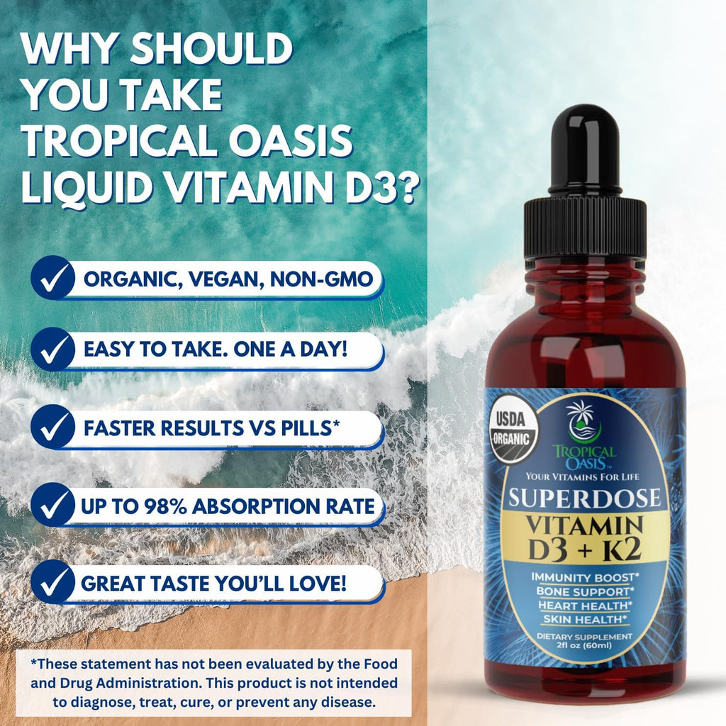 Tropical Oasis Vitamina D3 K2 Líquida Orgánica – Superdosis 8000 UI + 120 mcg K2 – 60 dosis