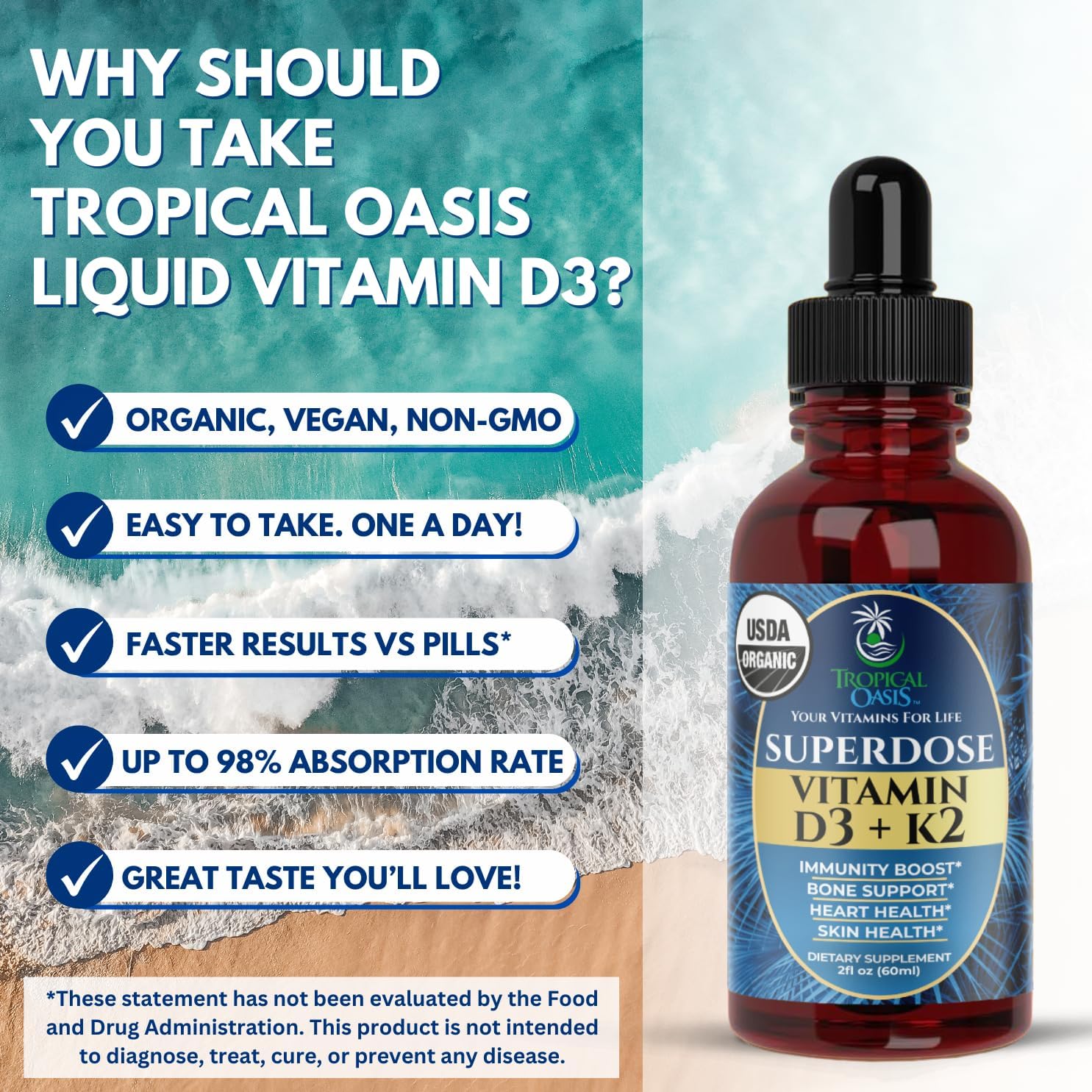 Tropical Oasis Vitamina D3 K2 Líquida Orgánica – Superdosis 8000 UI + 120 mcg K2 – 60 dosis