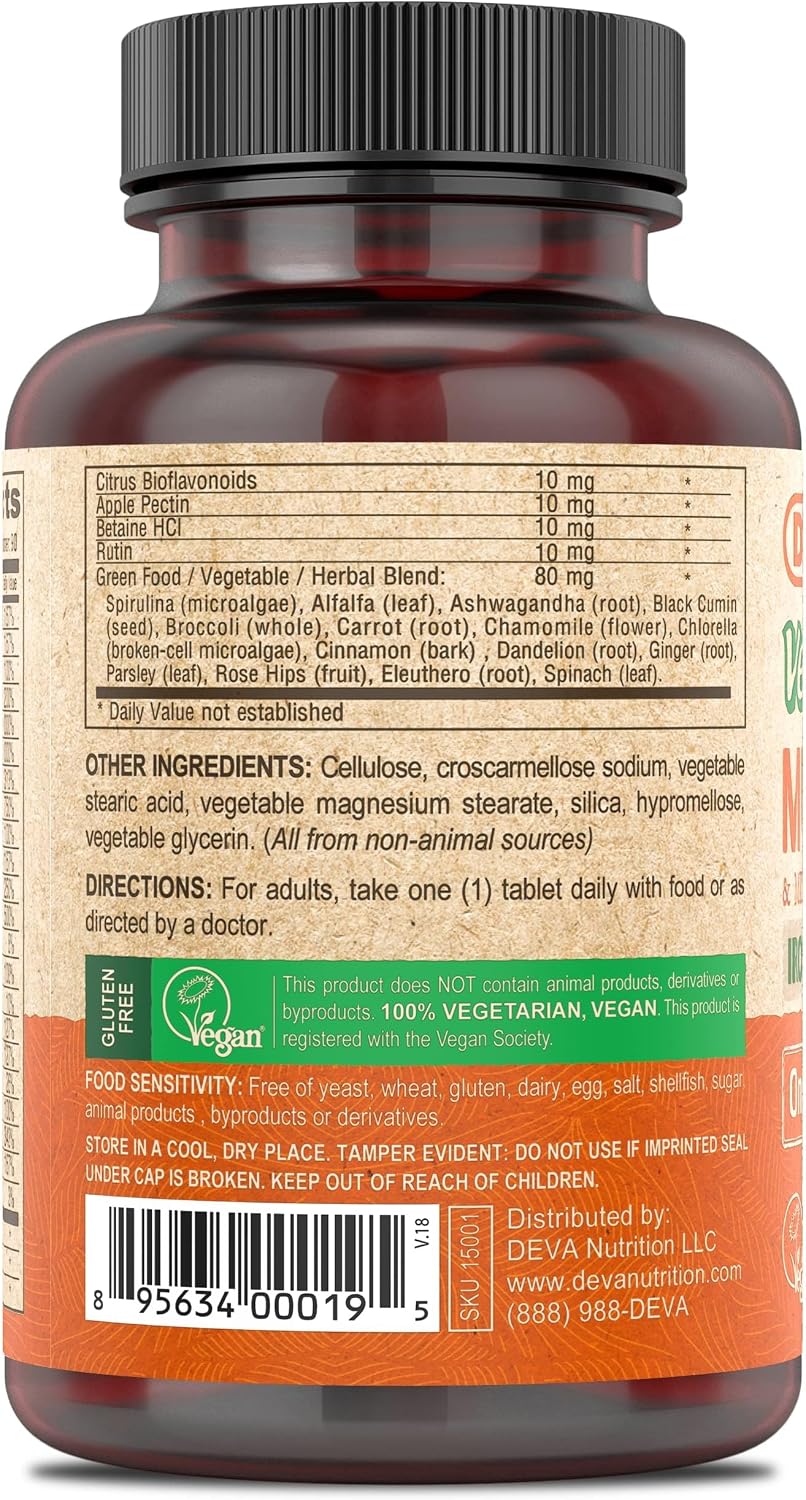 DEVA Multivitamínico y Mineral Vegano - Fórmula Diaria con Greens - Sin Hierro - 90 Comprimidos Recubiertos (Pack de 2)