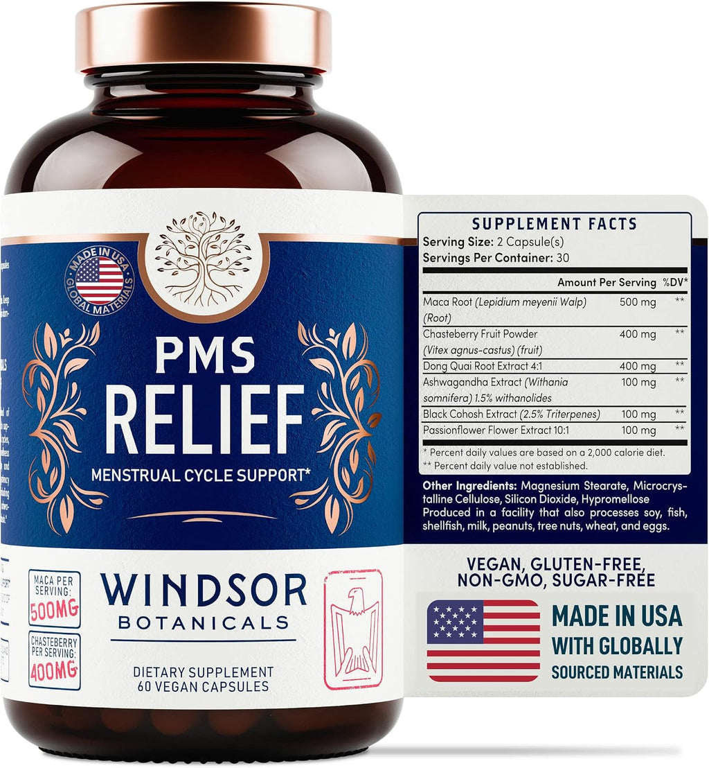 Suplemento para el Síndrome Premenstrual con Chasteberry, Maca y Ashwagandha - Alivio del Período, Hinchazón, Apoyo al Estado de Ánimo, Equilibrio Hormonal - 60 Cápsulas Veganas