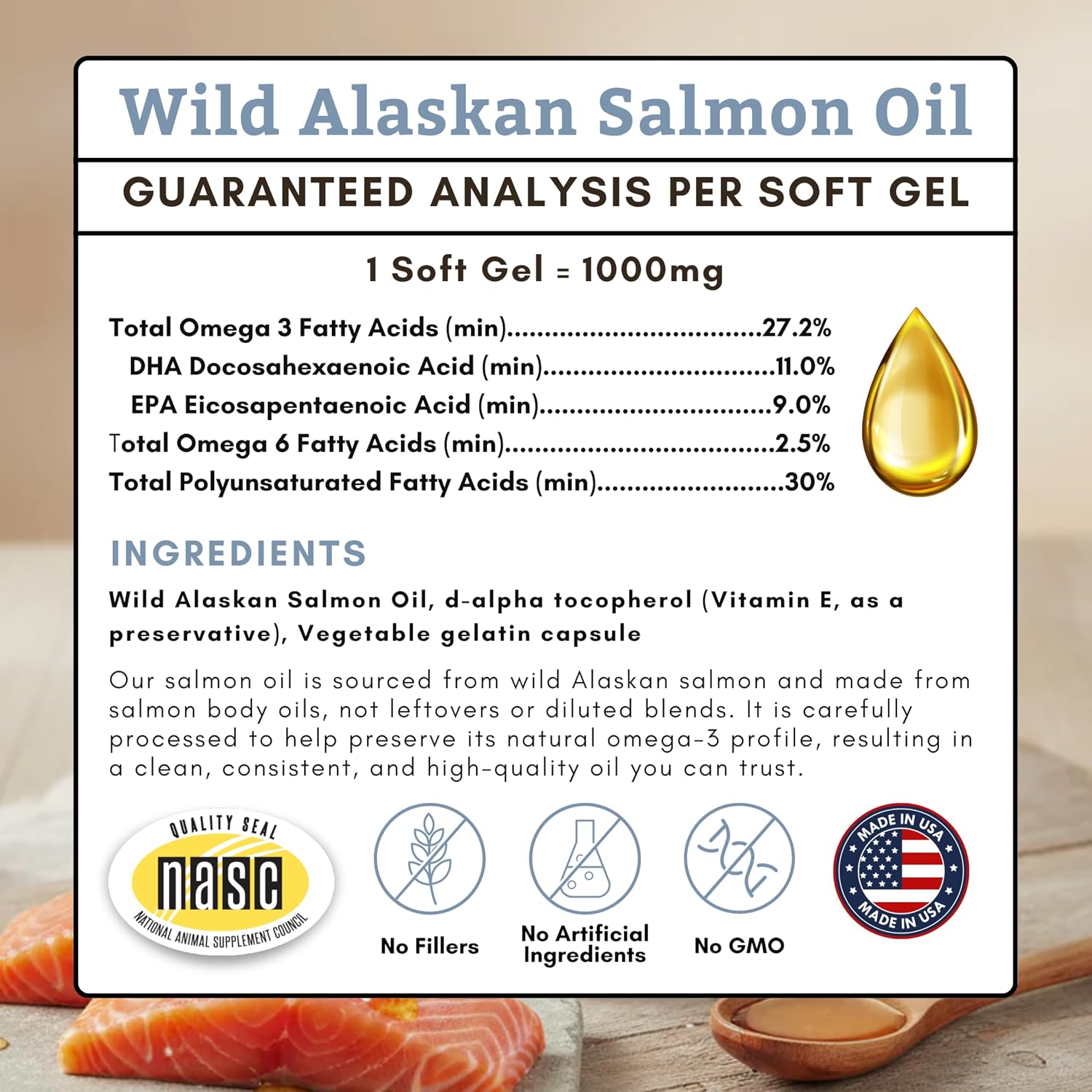 Wholistic Pet Organics Aceite de Salmón Salvaje de Alaska para Perros - Omega 3 EPA y DHA - 500 Cápsulas