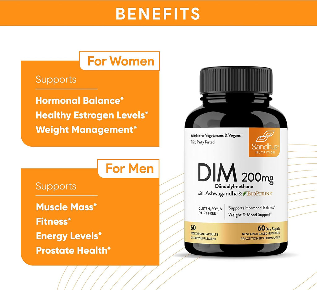 Sandhu's DIM 200 mg - 60 Cápsulas - Diindolilmetano con Ashwagandha y Bioperina