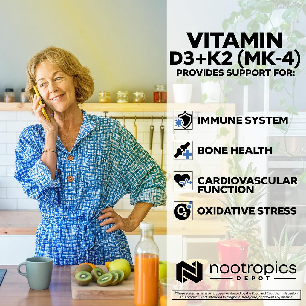 Nootropics Depot Vitamina D3 + K2 con Vitamina C - 365 comprimidos - Colecalciferol + Menaquinona-4 (MK-4) - Salud ósea y absorción de calcio