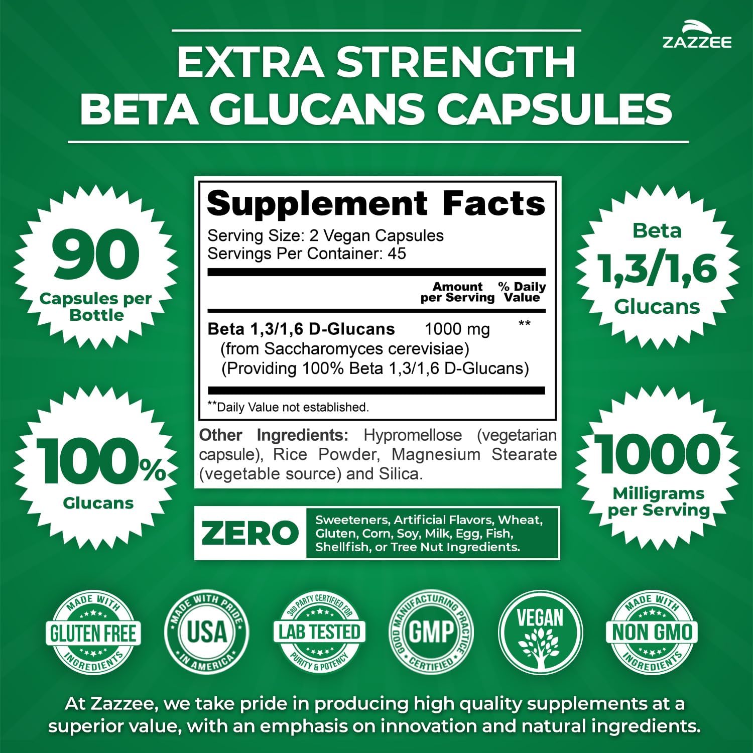 Zazzee Extra Strength Beta Glucans 1,3/1,6, 1000 mg, 90 Cápsulas Veganas