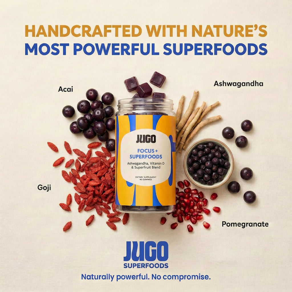 JUGO Focus + Superfoods Gominolas de Ashwagandha con Vitamina D3 y Mezcla de Superfrutas