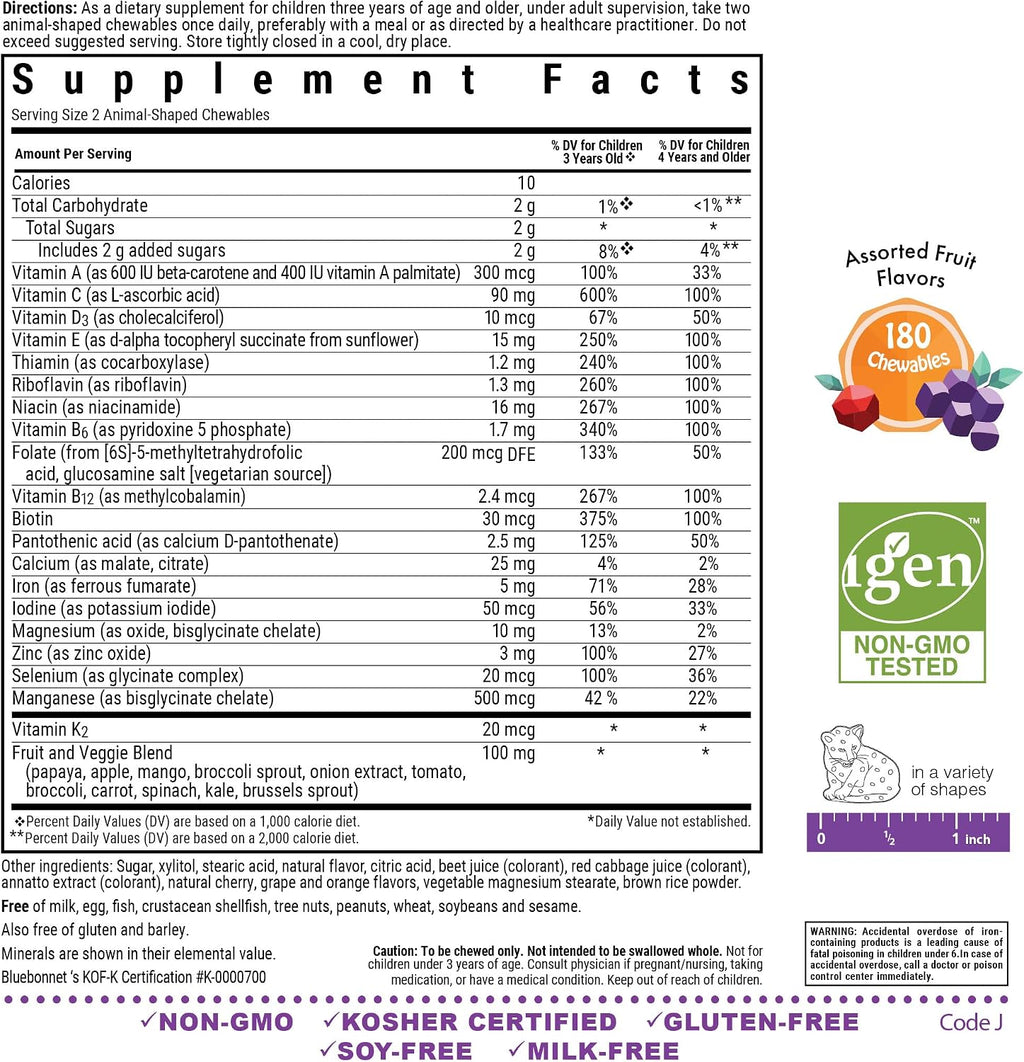 Bluebonnet Nutrition Rainforest Animalz - Multivitamínico infantil masticable con base de alimentos integrales - 180 comprimidos masticables - Sabor variado (cereza, uva, naranja)