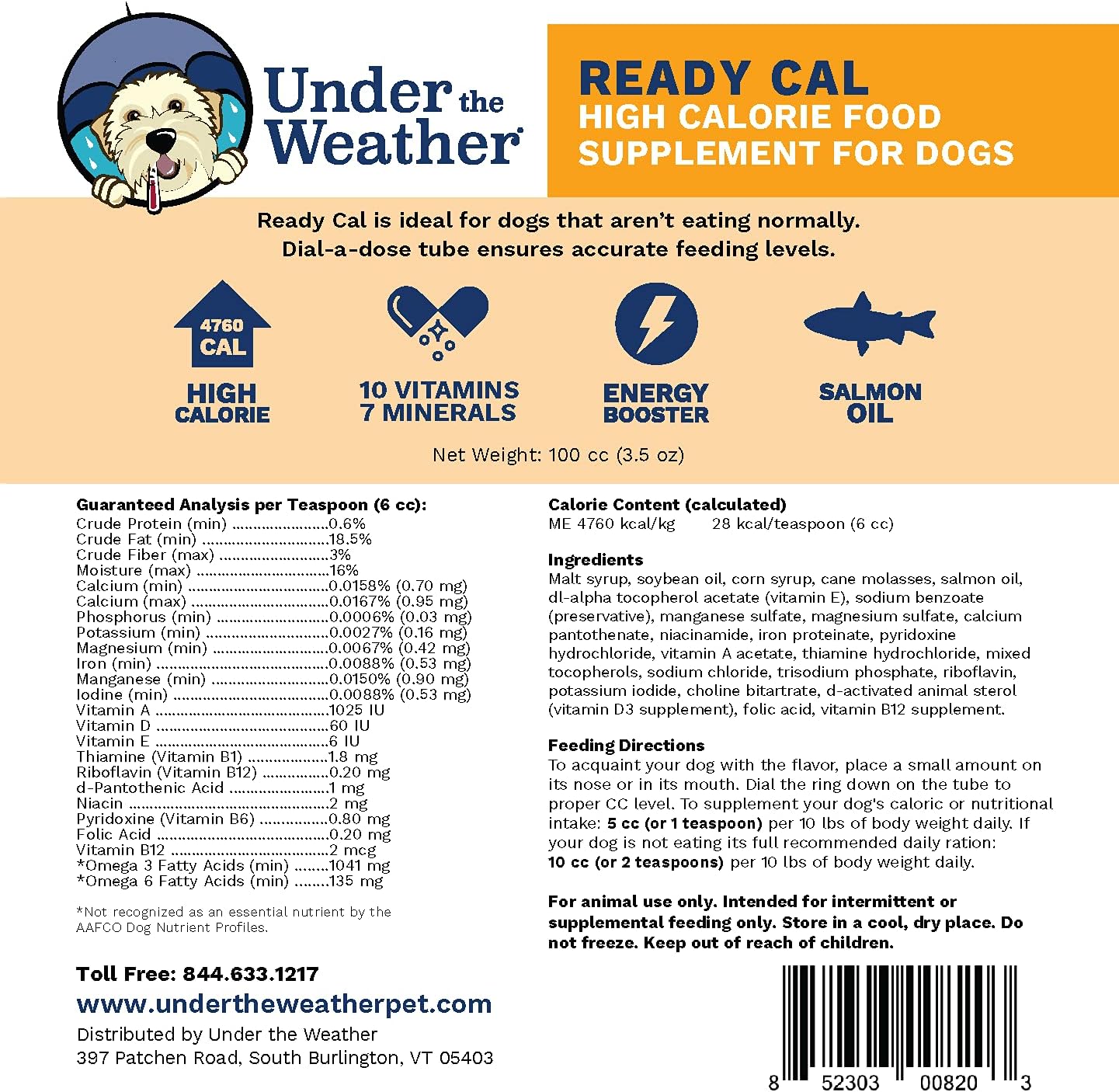 Under the Weather Ready Cal para Perros 100cc - Suplemento de Altas Calorías para Ganancia de Peso