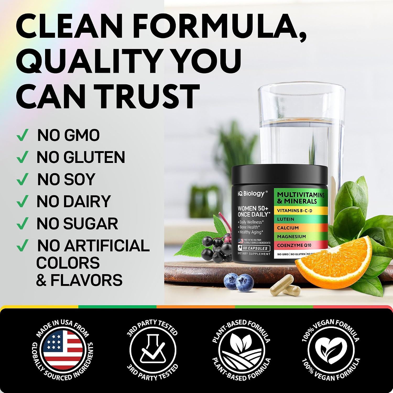 IQ BIOLOGY Multivitamínico para Mujeres 50+ con Luteína y CoQ10 - Complejo Vitamínico Vegano - 60 Cápsulas (Pack de 2)