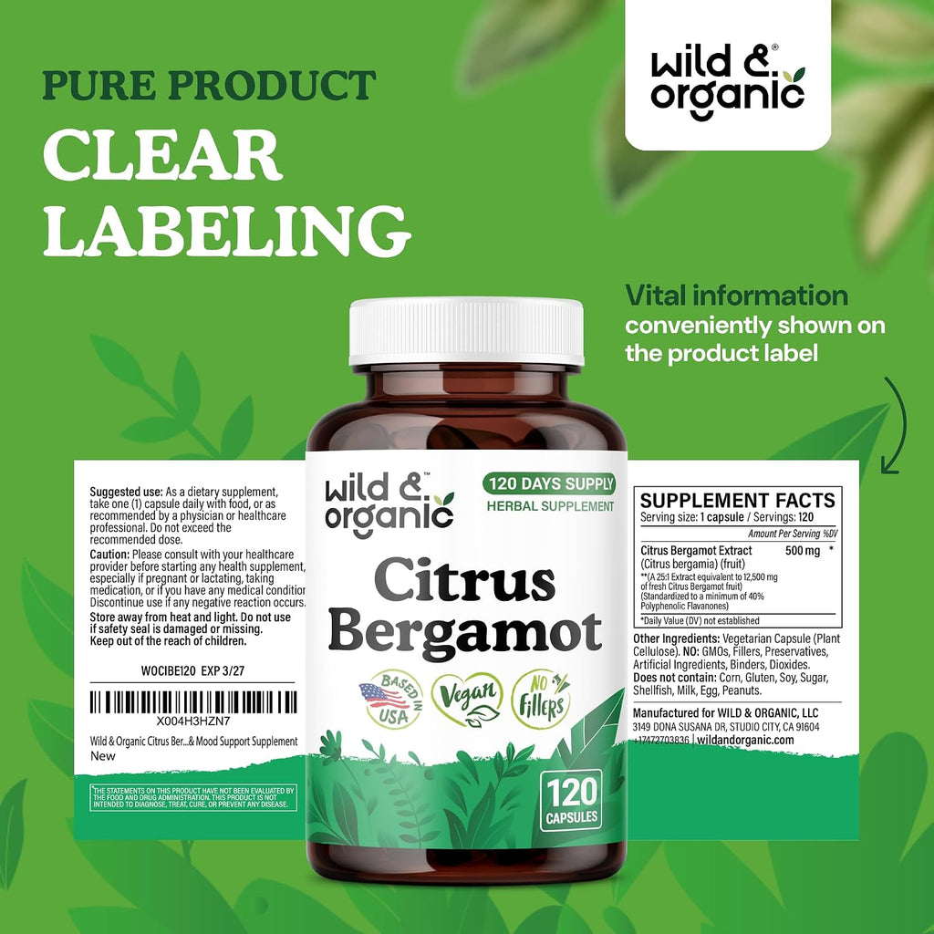 Wild & Organic Cápsulas de Bergamota Cítrica - Antioxidante y Apoyo General - Extracto de Citrus Bergamia - Vegano, Sin Rellenos, No OGM - 120 Cápsulas