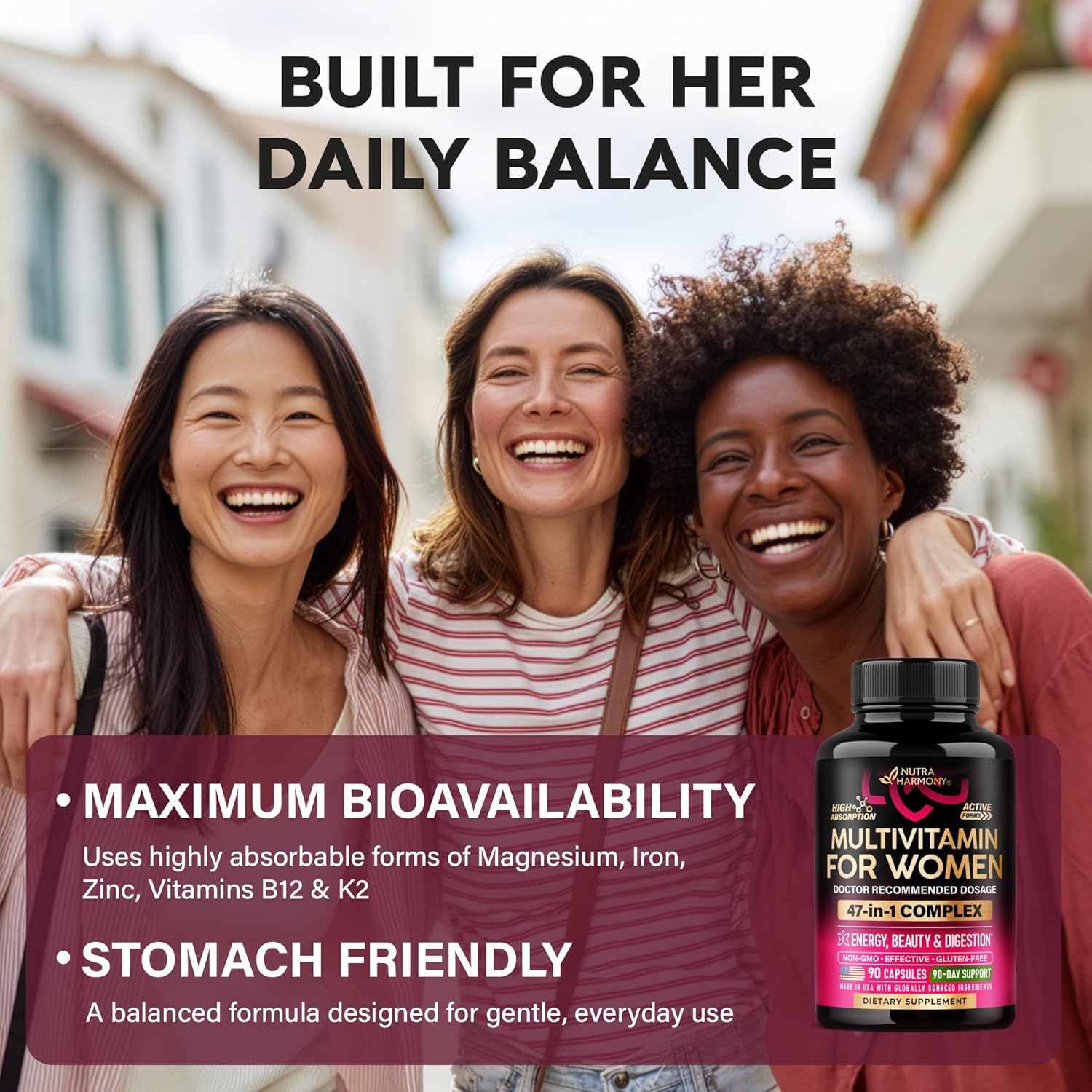NUTRAHARMONY Multivitamínico para Mujeres 47 en 1 con Complejo B, Hierro y Alimentos Integrales - 90 Cápsulas (3 Meses)