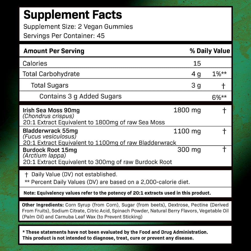WELLNESS LABSRX Gominolas de Musgo Marino, 3200mg Irish Sea Moss Sabor a Baya Mixta con Bladderwrack y Raíz de Bardana - Apoyo para la Piel, Energía e Inmunidad - 90 Unidades