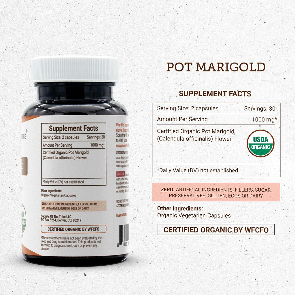 Secrets of the Tribe Pot Marigold USDA Organic 60 Cápsulas – Caléndula officinalis ecológica