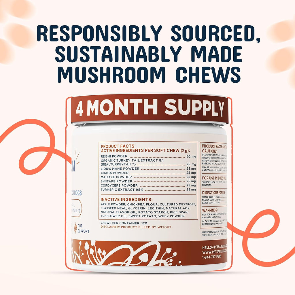 Pets are Kids Turkey Tail Mushroom for Dogs with Organic Real Turkey Tail™ - 8:1 Extract Mushroom Chews for Immune System Health, Gut, Skin & Joint Support - Reishi, Lion's Mane - 120 Chews