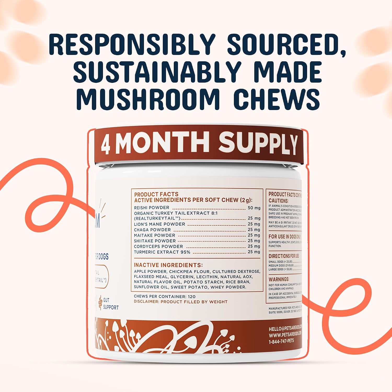Pets are Kids Turkey Tail Mushroom for Dogs with Organic Real Turkey Tail™ - 8:1 Extract Mushroom Chews for Immune System Health, Gut, Skin & Joint Support - Reishi, Lion's Mane - 120 Chews