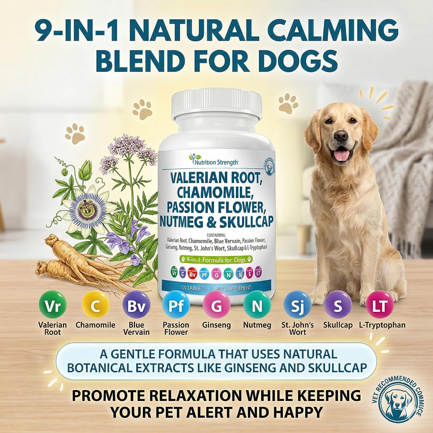 Nutrition Strength 9-en-1 Valeriana para Perros 200mg, Manzanilla 160mg, L-Triptófano y Hierbas para Estrés y Calma, 120 Comprimidos