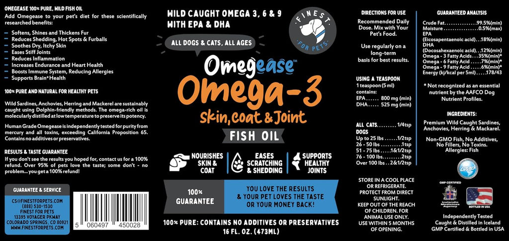 Aceite de Pescado Puro 100% para Perros y Gatos - 1.545 mg de Omega 3 por Cucharadita - EPA y DHA - Para Articulaciones, Piel y Pelaje - Sin Sabor - 473 ml
