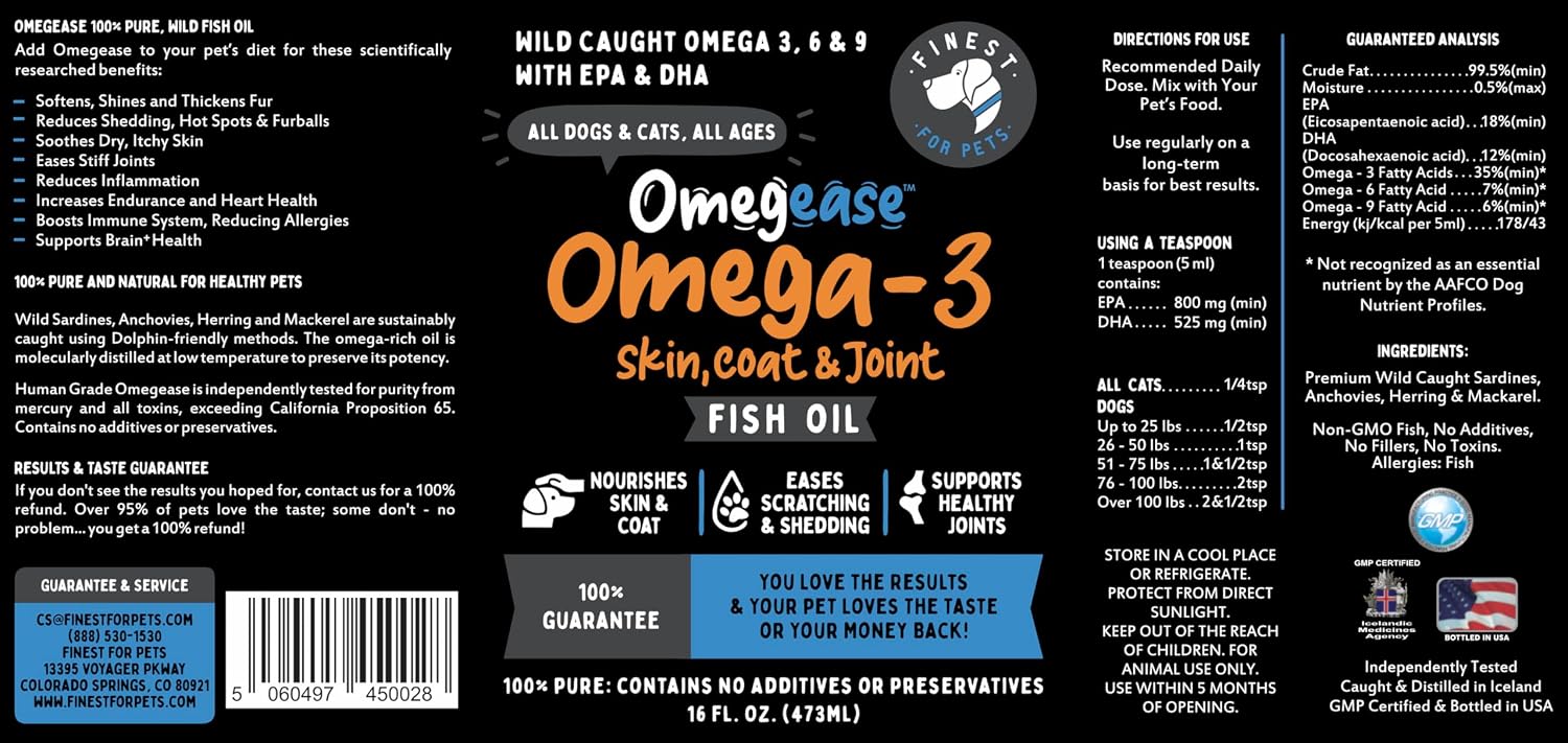 Aceite de Pescado Puro 100% para Perros y Gatos - 1.545 mg de Omega 3 por Cucharadita - EPA y DHA - Para Articulaciones, Piel y Pelaje - Sin Sabor - 473 ml