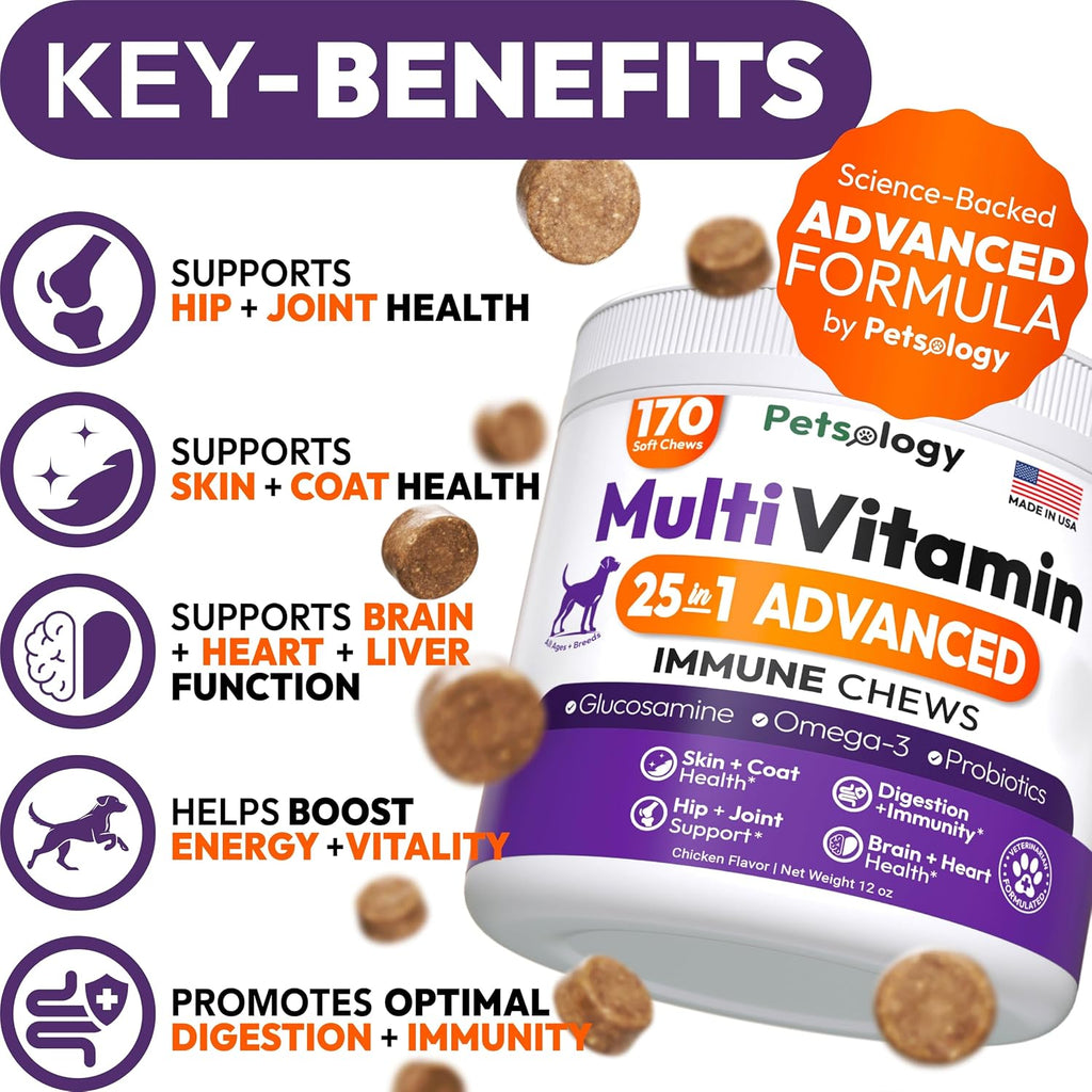 Petsology Multivitamínico Masticable para Perros - 170 Comprimidos - con Glucosamina y Condroitina