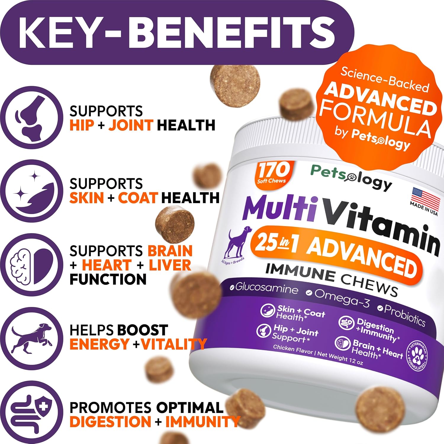 Petsology Multivitamínico Masticable para Perros - 170 Comprimidos - con Glucosamina y Condroitina
