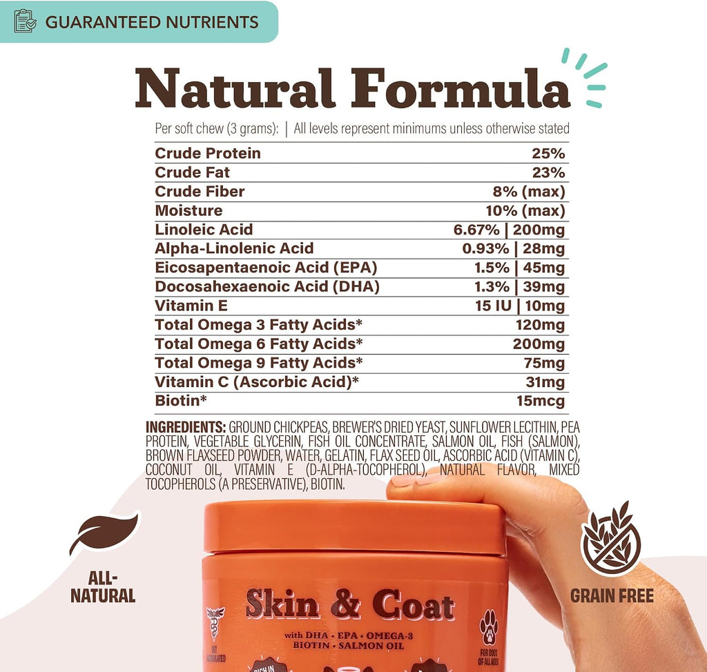 Natural Dog Company – Complemento de Aceite de Salmón Omega 3 para Perros, Piel y Pelaje, 90 masticables