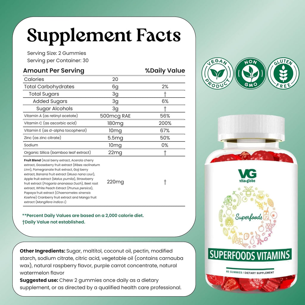 VITA GLOBE Superfood Gummy Vitamins – Gominolas de Superalimentos para Apoyo Inmunitario y Antioxidante – 60 Unidades