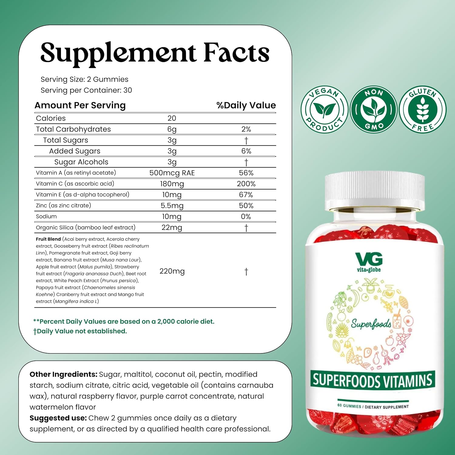VITA GLOBE Superfood Gummy Vitamins – Gominolas de Superalimentos para Apoyo Inmunitario y Antioxidante – 60 Unidades