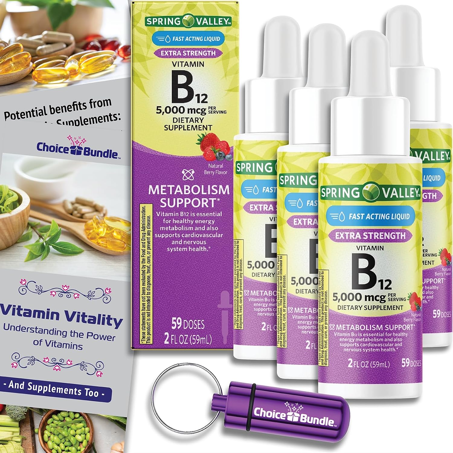 Pack de 4 Botellas de Vitamina B12 Líquida 5000 mcg con Guía y Pastillero