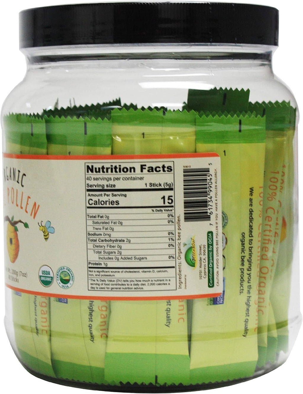 Greenbow Organic Bee Pollen - Polen de Abeja Orgánico Certificado USDA, No Transgénico, Halal, Kosher, GMP, Puro y Natural - Superalimento Rico en Proteínas, Vitaminas y Minerales - Sin Gluten - 5g x 40 sticks